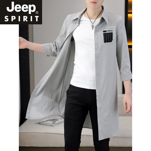 JEEP SPIRIT夏季风衣男长款披风时尚潮流男装中袖外套轻薄透气防晒服灰色长衫 灰色 M