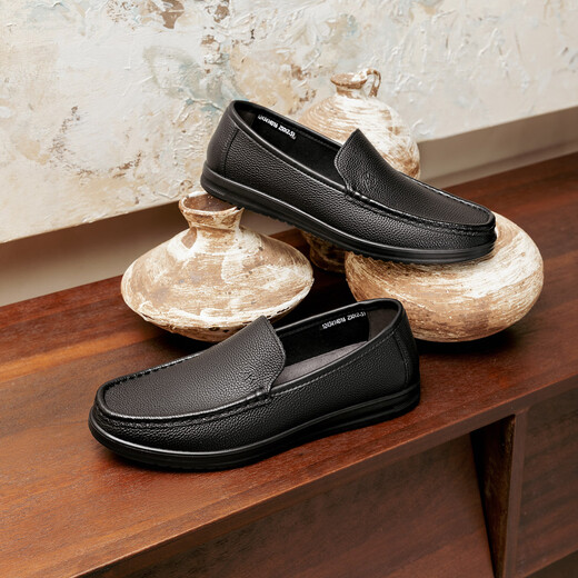Aokang official men's shoes, spring and autumn fashionable lightweight business casual leather shoes, comfortable genuine leather loafers, driving shoes, black 1243414016 38 (240mm)