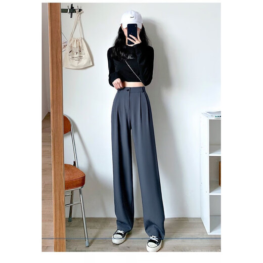 Pu Shui Fang Fang Pantalones De Pierna Ancha Drapeados De Estilo Coreano Que Adelgazan Los Pantalones De Traje De Cintura Alta para Mujer Pantalones Casuales 1047# Negro S