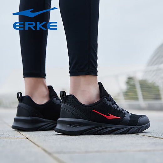 鸿星尔克男鞋2025新款冬季透气网面运动鞋男士软底减震休闲鞋轻便跑步鞋子 正黑/大红（网面四季款）3291 42