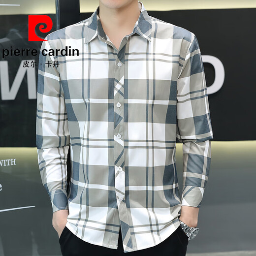 皮尔卡丹（pierre cardin）夏季新款冰丝长袖衬衫男格子休闲衬衣上衣服薄款防晒外套潮流寸衣 灰色 【长袖】719 M 90-104斤