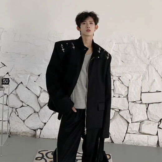 An Chuxia American high street shoulder padded blazer men's metal airplane buckle design jacket autumn handsome street suit black jacket + gray T-shirt + zipper pants 3-piece set XL store priority delivery