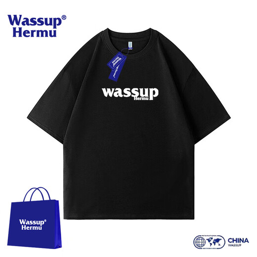 WASSUP HERMU短袖T恤圆领 夏季潮流简约印花纯色纯棉休闲宽松男女装情侣上衣服 白色 XL （建议130-150斤）