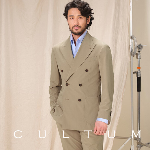 CULTUM Cool, elastic, breathable and machine washable commuter light business double row lapel collar suit for men, light beige gray single suit 50 A