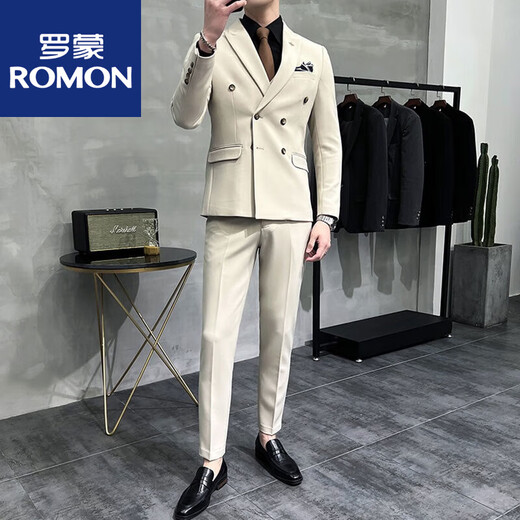 ROMON double-breasted suit men's suit wedding dress slim fit groom's suit men's Korean version trendy British style handsome off-white suit + pants + vest tie 3XL