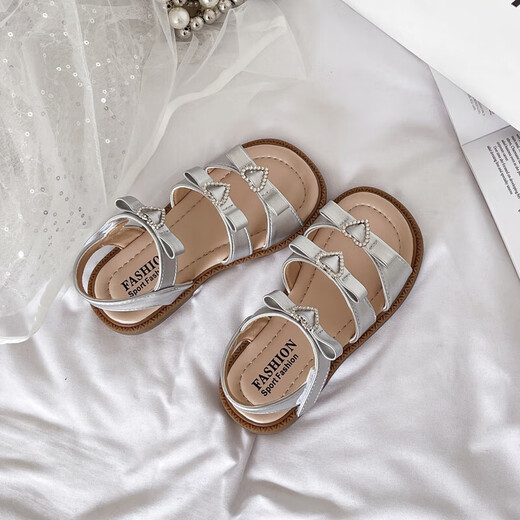 Girls Princess Sandals 2025 Summer New Children's Sandals Soft Sole Medium and Large Children's Open Toe Sandals Velcro Girls Silver Size 27 Inner Length Approximately 16.7cm