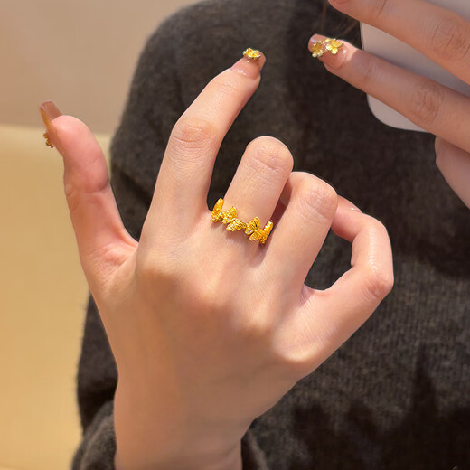 Sea Rover gold dot diamond butterfly ring women's new pure gold 999 niche design ring Valentine's Day gift for girlfriend Gold small crooked butterfly ring 10-11# gold weight about 1.95g