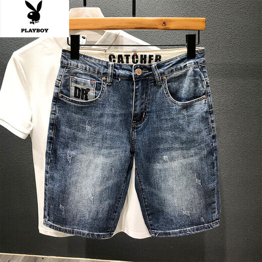 
Playboy 2023 summer denim mid-pants printed trendy brand retro nostalgic washing Korean style slim five-point pants D9901 blue five-point shorts 28