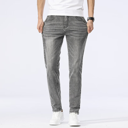 JASONWOOD high-end men's jeans summer thin slim stretch straight pants middle-aged simple versatile washed trousers 1049 gray 28