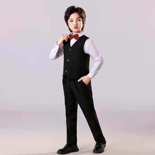 安妮优儿儿童礼服西装套装男童英伦风花童演出服主持人帅气童装 黑色  120