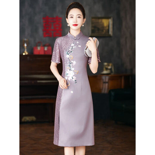 Clothes worn by Saimandie daughter's engaged mother in May, high-end wedding banquet wedding dress, young purple cheongsam, purple L, recommended 100-110 Jin Jin equals 0.5 kg