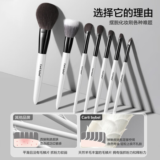 CARLI BYBEL pure wool makeup brush set for makeup artists, animal hair blusher stippling brush, eyeshadow brush, detail brush, eyeliner brush, black and white brush set - 5 pieces wool