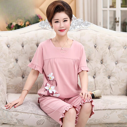 Langsha (Langsha) Pyjamas Mutter mittlerer Alters im Sommer dünne, reine Baumwolle kurzärmelige mittlere und ältere Sommer-zweiteilige Home Clothing Lotus Farbe NJR-TF3937 M [Empfohlen 80-100jin [Jin gleich 0,5 kg]]