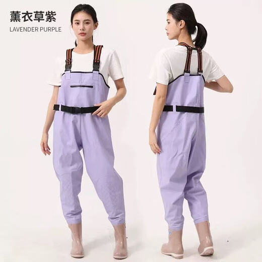 Lugeli women's waders, sea equipment, adult lower body one-piece wading suit, full body slim waterproof rain pants with rain boots, fantasy purple size 39, large pockets + belt