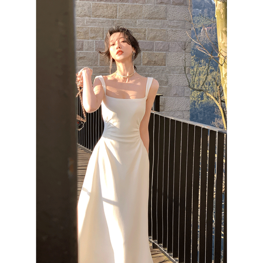 Zuo Xu white suspender dress for women 2025 new summer thin seaside resort style mid-length skirt for women slimming white wide suspender dress when/next day delivery L (110-120Jin Jin equals 0.5 kg)