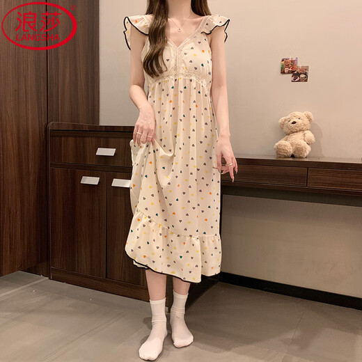 浪莎（LangSha）带胸垫吊带睡裙女夏季新款甜美风小飞袖法式连衣裙睡衣家居服外穿 9904 带胸垫款 M