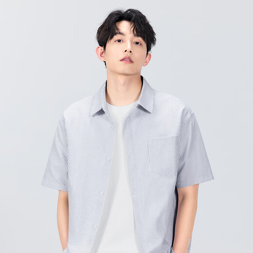 Miniso short-sleeved shirt men's summer Oxford striped shirt men's clothes casual lapel half-sleeved Z gray and white striped L Miniso short-sleeved shirt men's summer Oxford striped shirt men's clothes casual lapel half-sleeved Z gray and white striped L