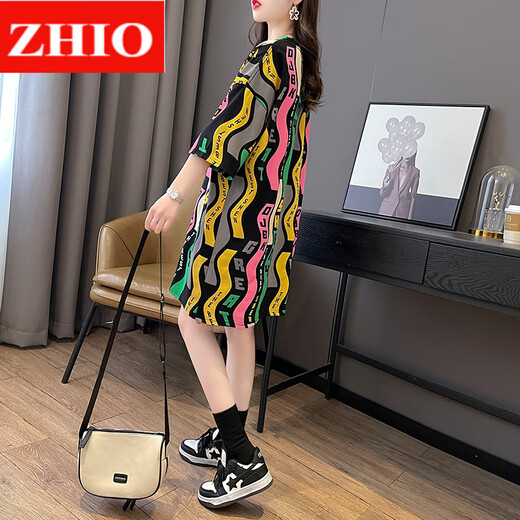 ZHIO pure cotton pear-shaped body dress women's summer 2025 new Korean style loose maternity short-sleeved T-shirt mid-length skirt 6187 black M