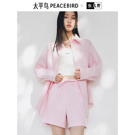 Peacebird Women's Shirt Summer Women's Summer Textured Long Sleeve Drawstring Shorts Pink Shirt S