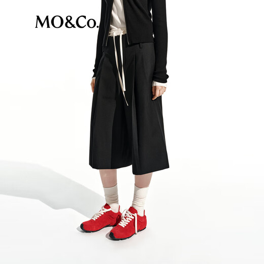 MO&Co. Three-quarter wide-leg pants with spring splicing and high-waist design, sheep wool worsted MBE1SOT008 black M 165