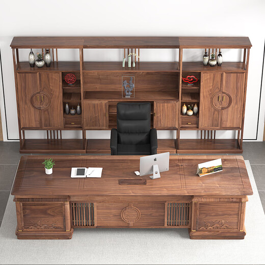 HEGRISEN new Chinese style solid wood executive desk boss desk ash wood bookcase combination president chairman office high-end furniture 180 tables + 180 cabinets + free boss chair