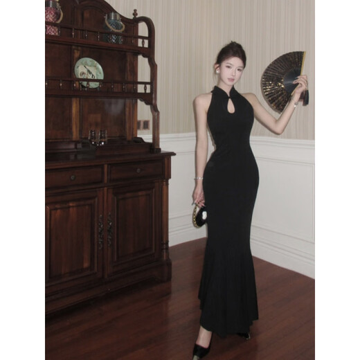 Chuangjingyi chooses fishtail skirt dress, new Chinese style national style black improved cheongsam dress for women summer sexy evening dress fishtail bag Picture color S
