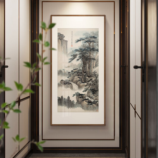Xuanmutang entrance decorative painting New Chinese style ink landscape painting hanging painting study living room tea room corridor aisle entrance landscape painting Zhang Daqian <Landscape Tune> Finished product width 70cm * height 140cm Indonesian Sapele (mortise and tenon rounded corners)