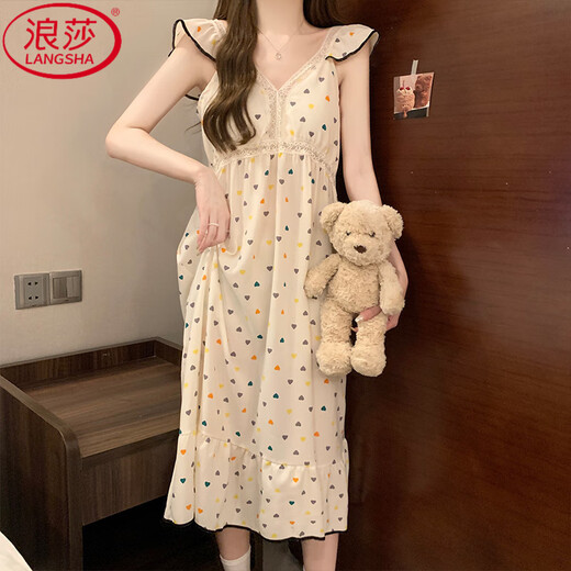 浪莎（LangSha）带胸垫吊带睡裙女夏季新款甜美风小飞袖法式连衣裙睡衣家居服外穿 9904 带胸垫款 M