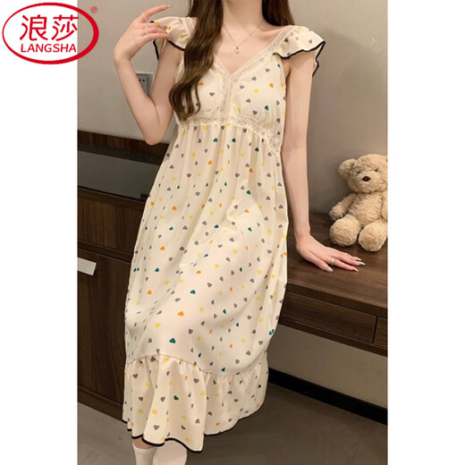 浪莎（LangSha）带胸垫吊带睡裙女夏季新款甜美风小飞袖法式连衣裙睡衣家居服外穿 9904 带胸垫款 M