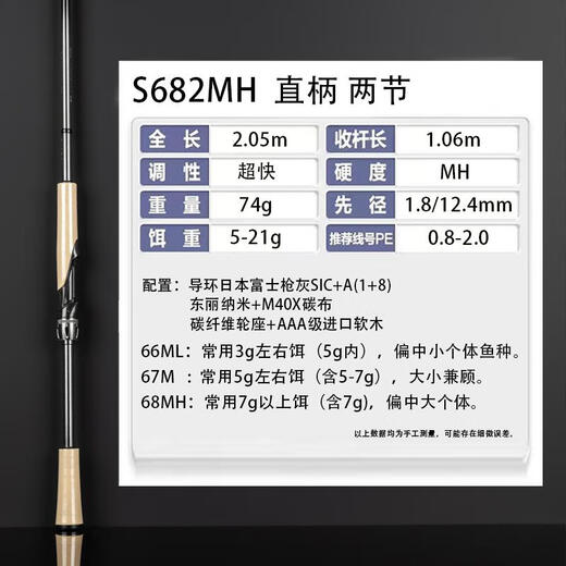 新款不鳜路亚马槊竞技版超快调虫竿鳜鱼竿黑坑鲈鱼超快翘嘴路亚竿 2.04米 直柄S682MH