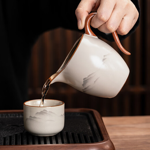 Porcelain brand tea set, ink and wash Guanshan tea set, complete set of Ru kiln teapot and tureen, kung fu tea set, gift box for home use, ink and wash Guanshan teapot and tureen, 8 cups, 13 pieces + tea tray