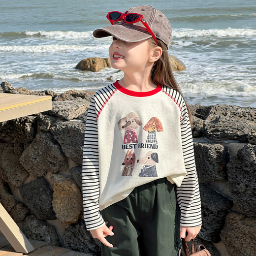 Tutu Little Elephant Children's Long Sleeve T-shirt Girls Raglan Sleeve Cotton Top Bottoming Black and White Stripes 160 Height About 160cm