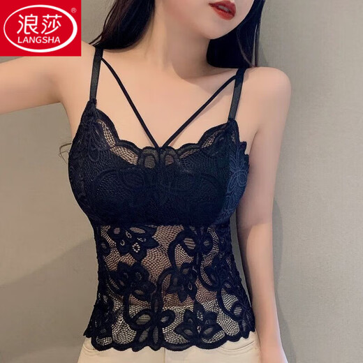 LangSha Bow Lace Beautiful Back Camisole with Padded Bra All-in-one Tube Bra Gathered Women's Anti-Sagging Outerwear Single Pack (Black) One Size Large Size (120-140Jin Jin is equal to 0.5kg)c