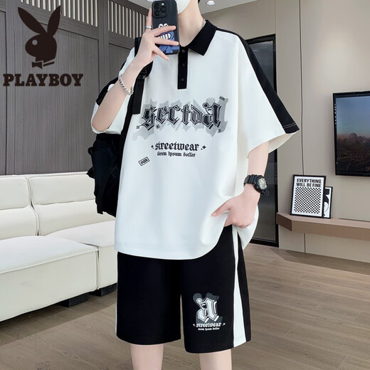 花花公子（PLAYBOY）青少年短袖t恤男孩夏季12-15岁初中高中学生polo衫13帅气大童套装 NZJ-6629白色(短袖+短裤) M 75至105斤