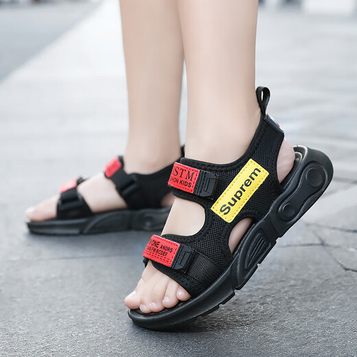Boys Sandals Summer New Children's Sports Anti-Slip Beach Shoes Medium and Large Boys Soft Bottom Sandals Summer Style TX155 Black Red 34