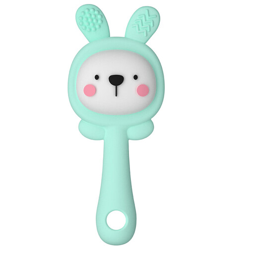 New rattle bunny can chew teether rattle teether baby chewable food grade silicone green bunny 1 pack + storage box rattle-soothing teether