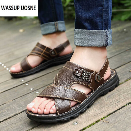 WASSUP UOSNE genuine cowhide first-layer cowhide sandals for men genuine leather summer men's sandals men's casual two-wear driving beach shoes 9928 brown first-layer cowhide 42
