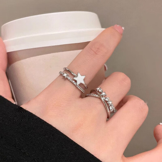 KZD999 sterling silver star zircon open ring female niche design student party light luxury decorative index finger ring star ring two-piece set same style