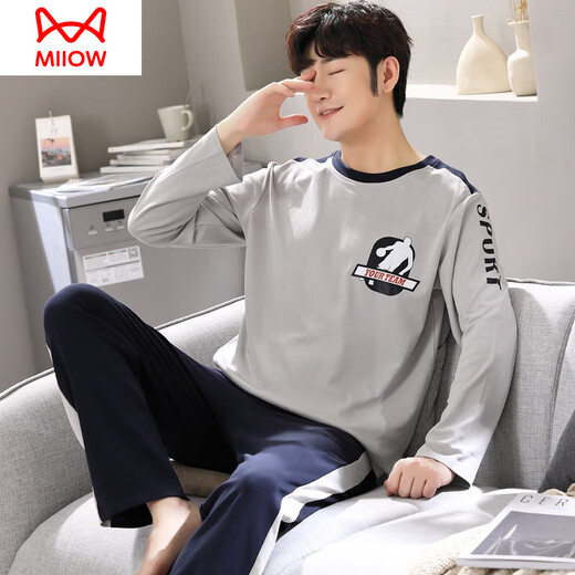 猫人（MiiOW）睡衣男春秋季纯棉长袖青少年学生全棉大码休闲夏季薄款家居服套装 Q6625网球黑 男款XL【135-155斤】
