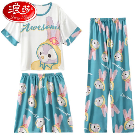 LangSha Light Luxury Ice Feel Pajamas Women's Three Piece Summer New Short Sleeve Loose Large Size Ice Silk Home Clothes Set 2405# Navy Blue Camellia Three Piece Shorts 2XL 140-160Jin Jin is equal to 0.5 kg