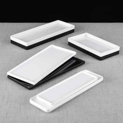 Shantou Lincun brings a comfortable dining experience. Melamine long plate, narrow and long tray, plastic sushi shallow plate, flat plate A8--695-16 black matte