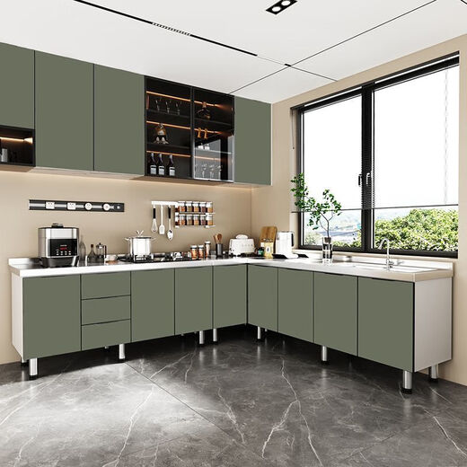 JPHZNB kitchen cabinet stove cabinet integrated kitchen cabinet cupboard household simple assembly rental stainless steel kitchen cabinet PET-single basin solid wood cabinet-170 cm