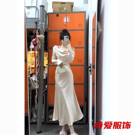 Stunning elegant ladylike ladylike chic banquet dress one-shoulder swing collar dress women's slim fishtail skirt dress S