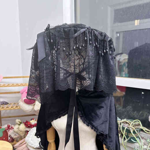 CLCEY homemade Lolita element pure black flat hat widow hat gothic style dark hat half-covered medium size