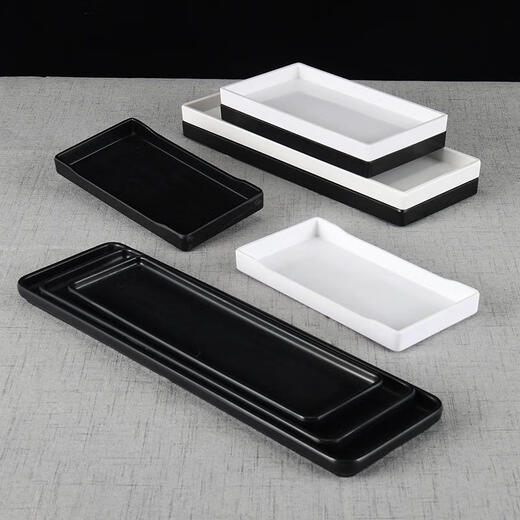 Shantou Lincun brings a comfortable dining experience. Melamine long plate, narrow and long tray, plastic sushi shallow plate, flat plate A8--695-16 black matte
