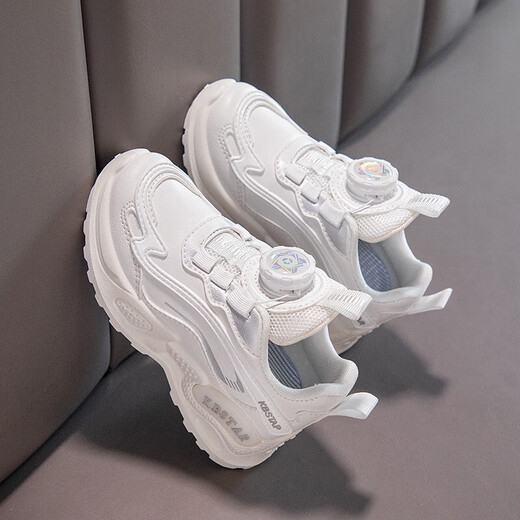 女童鞋旋转纽扣皮网新款春秋款儿童运动鞋中大童跑步鞋 9928 白色皮面 31