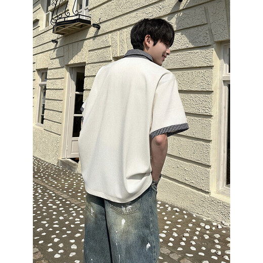 NYING American fake two-piece short-sleeved polo shirt for men 25 summer new high street fashion brand three-quarter sleeve spliced loose top black XL (120-140Jin Jin equals 0.5 kg)