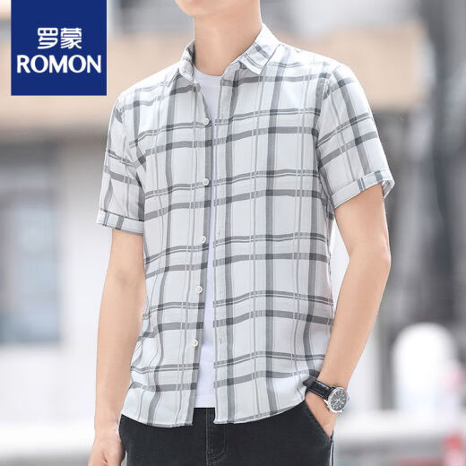 
Romon 2025 summer men's short-sleeved slim shirt Korean style trendy and versatile men's handsome top casual plaid shirt ZZ829 blue M 90-108Jin [Jin equals 0.5 kg]
