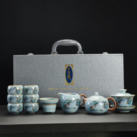 Good Luck Enjoy Thousand Miles of Rivers and Mountains Ru Kiln Kung Fu Tea Set Azure Enamel Ceramic Teapot Cover Bowl Tea Tray Light Luxury Thousands of Miles of Rivers and Mountains Tea Set Gift Box + Tea Tray 11 Pieces