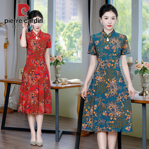 Pierre Cardin cheongsam women's mid-length summer women's wear 2025 new middle-aged mother short-sleeved cheongsam dress improved retro dress 698 green XL recommended 90-110Jin Jin equals 0.5 kg